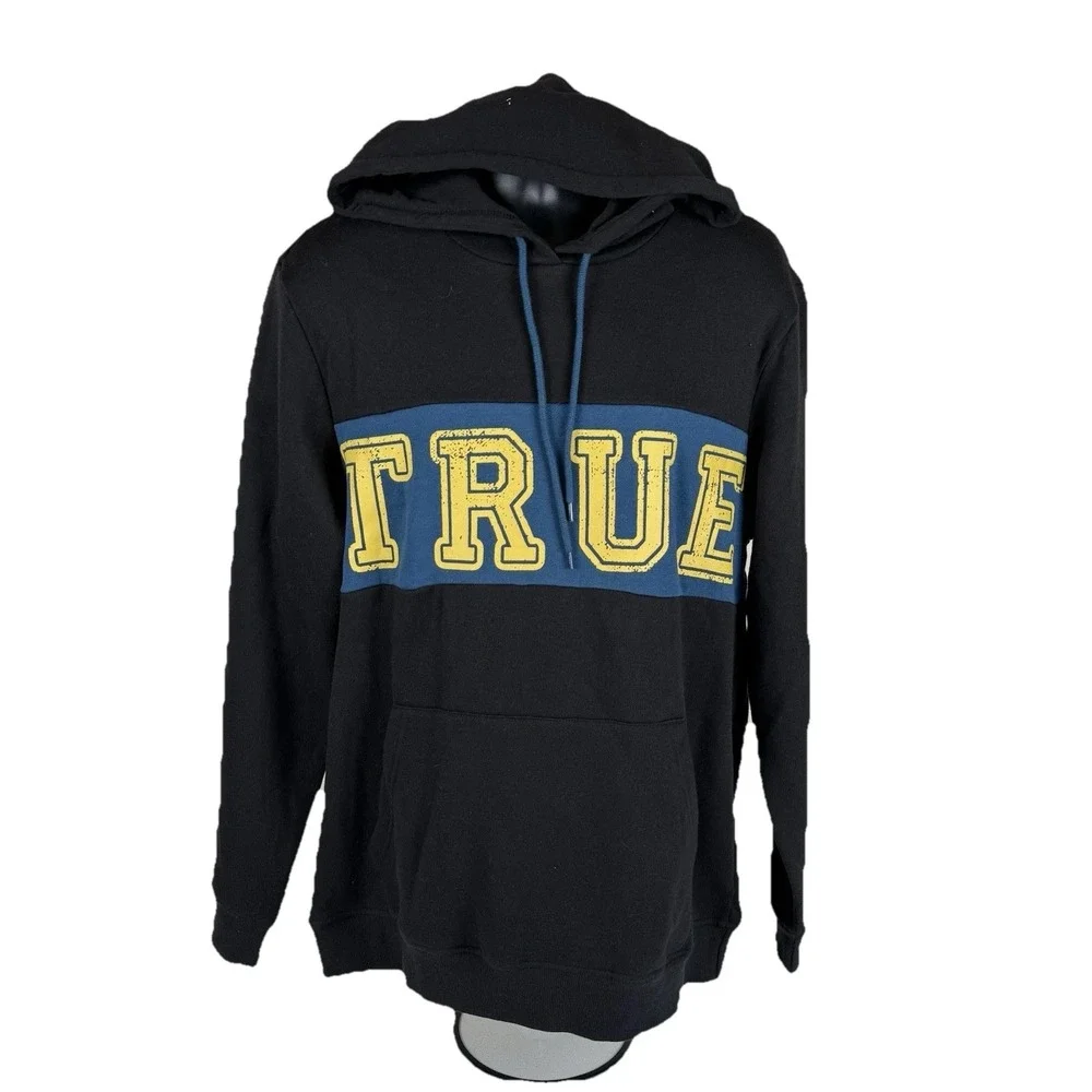 True Religion Contrast Panel Pullover Hoodie Men's XL Jet Black‎ Long Sleeve New